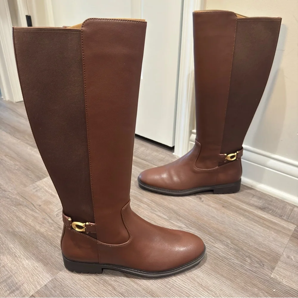 Coach Faith Riding Tall Brown Walnut Leather Logo Boots